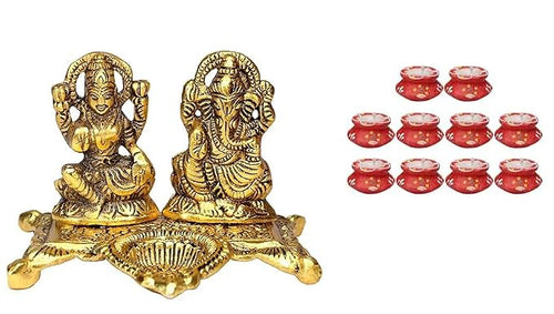 Baal Shree Laxmi Ganesh Murti Statue with Set of 10 Candle Diya for Diwali Home and Mandir Pooja Decoration