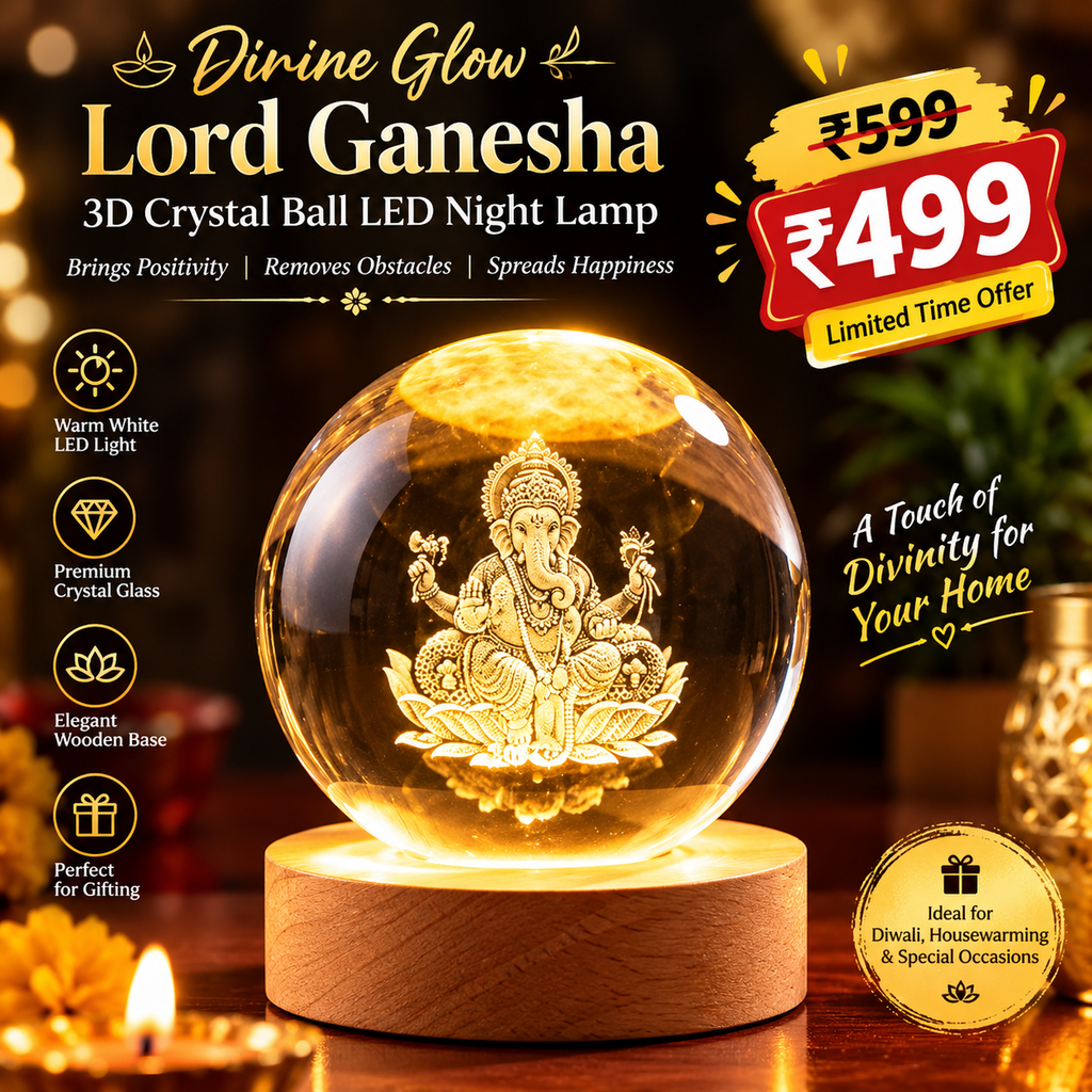 Divine Crystal Lamp Decorative LED Light for Home Bedroom, Ganesha