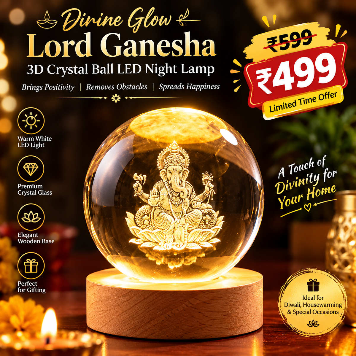 Divine Crystal Lamp Decorative LED Light for Home Bedroom, Ganesha