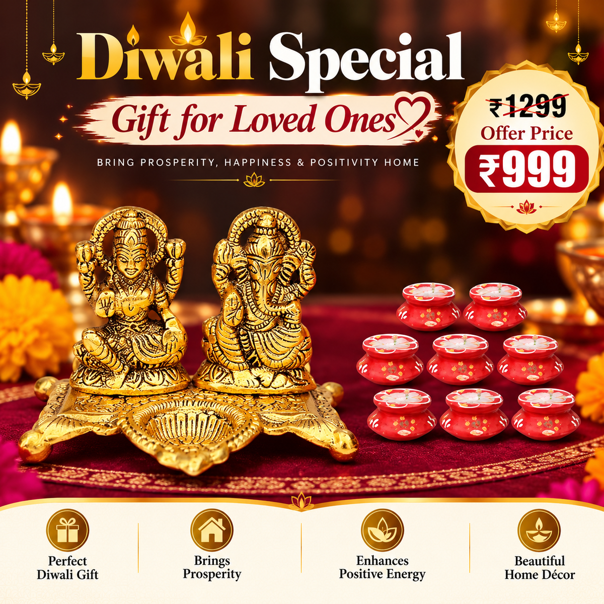 Baal Shree Laxmi Ganesh Murti Statue with Set of 10 Candle Diya for Diwali Home and Mandir Pooja Decoration