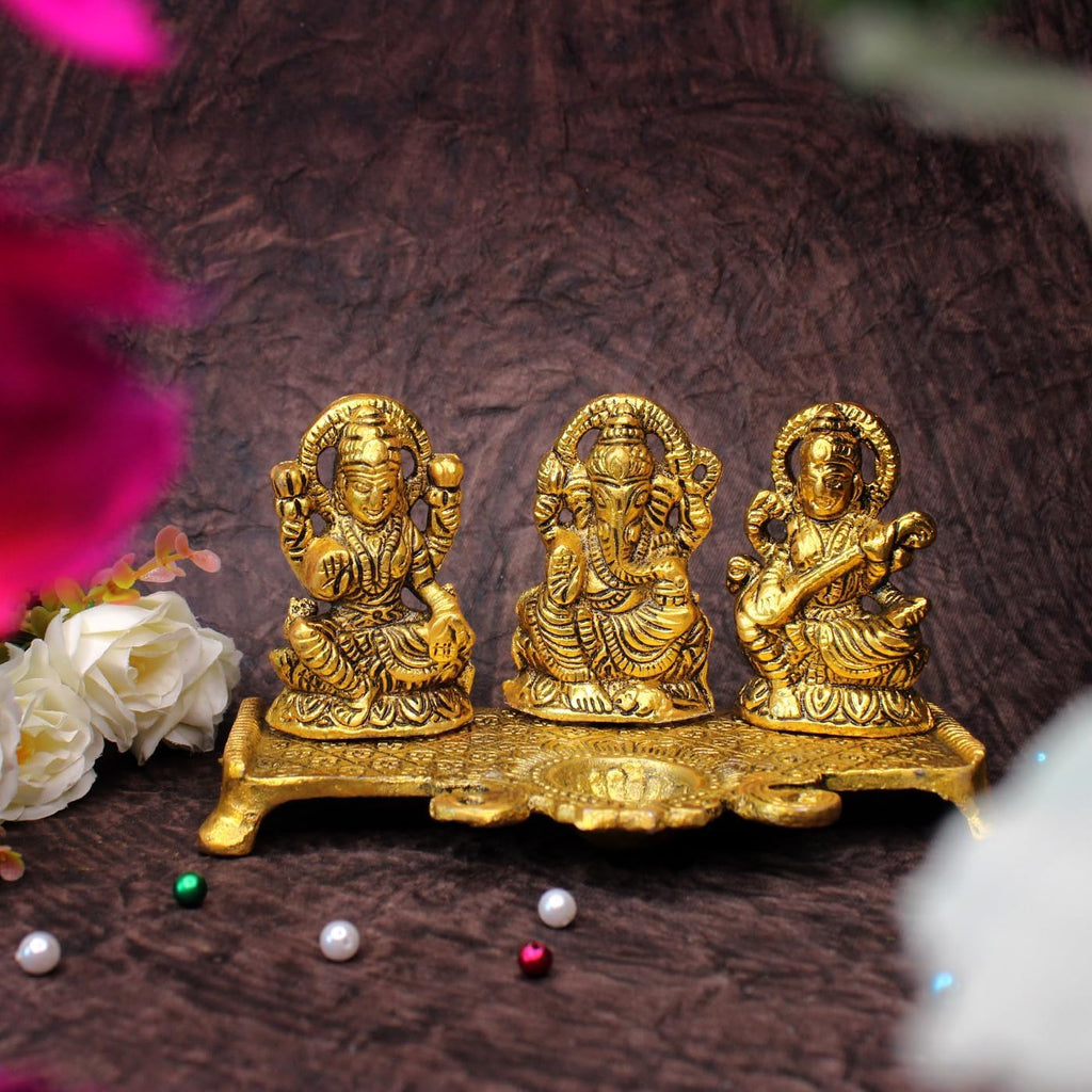 AASA God Idols for Pooja| Antique Laxmi Saraswati Ganesh Ji Idol Murti for Home Decore| Decorative Idol with Diya Stand for Diwali Festival Decoration