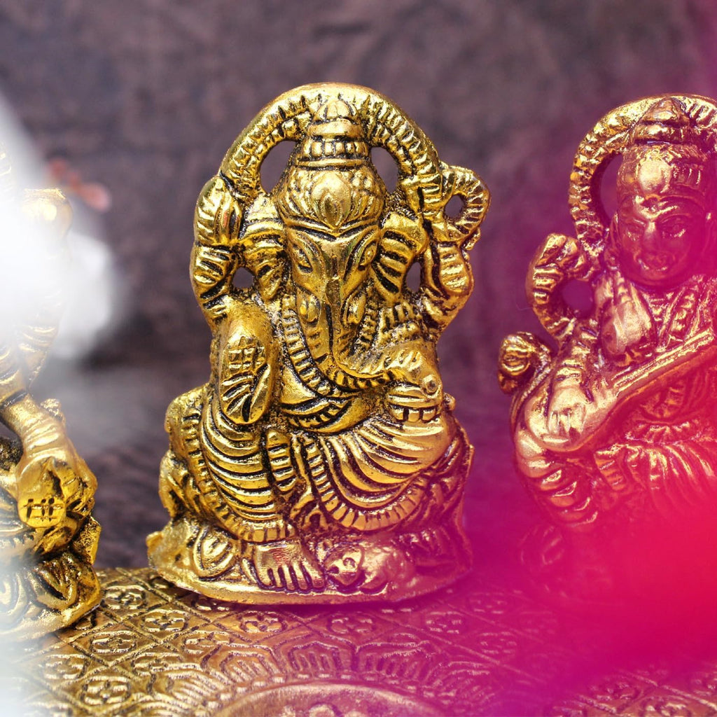 AASA God Idols for Pooja| Antique Laxmi Saraswati Ganesh Ji Idol Murti for Home Decore| Decorative Idol with Diya Stand for Diwali Festival Decoration
