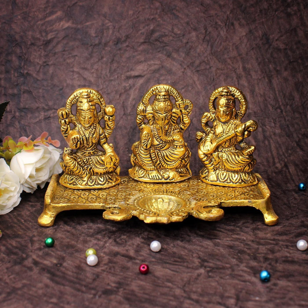 AASA God Idols for Pooja| Antique Laxmi Saraswati Ganesh Ji Idol Murti for Home Decore| Decorative Idol with Diya Stand for Diwali Festival Decoration