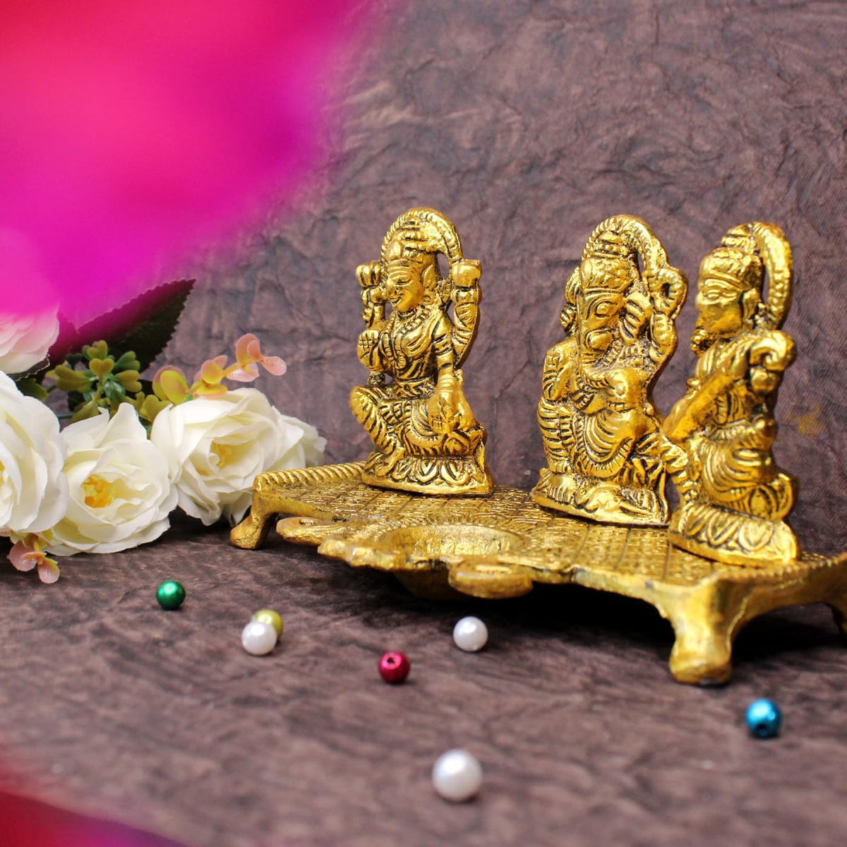 AASA God Idols for Pooja| Antique Laxmi Saraswati Ganesh Ji Idol Murti for Home Decore| Decorative Idol with Diya Stand for Diwali Festival Decoration