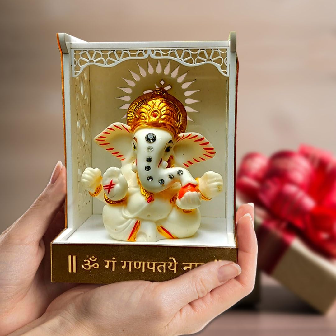 SOLOBOLO Acrylic Ganesh Idol for Car Dashboard with Small Temple for Car Dashboard,Ganesh Idol for Office Desk,Ganesha Idol for Gift,Gift for Housewarming Ceremony Mandir (Mandir with Idol),5.6x7.6 Cm