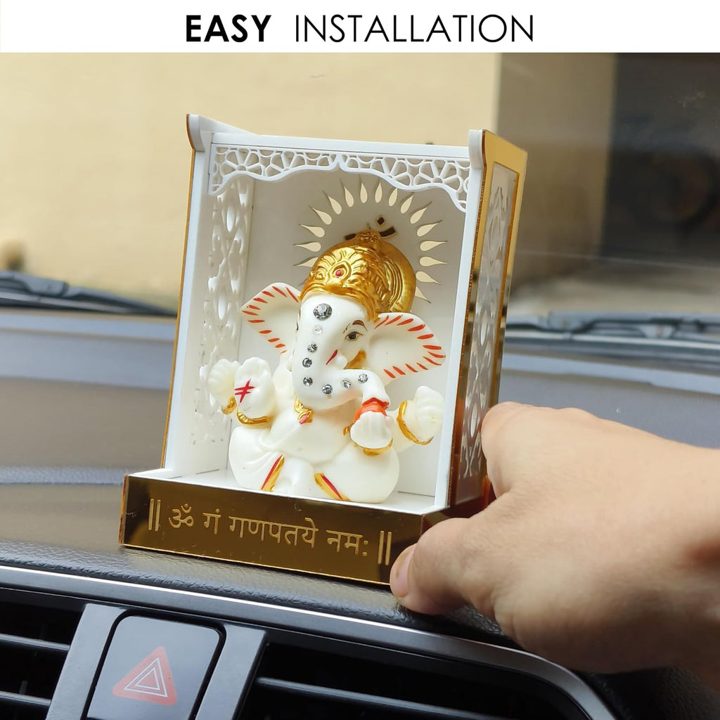 SOLOBOLO Acrylic Ganesh Idol for Car Dashboard with Small Temple for Car Dashboard,Ganesh Idol for Office Desk,Ganesha Idol for Gift,Gift for Housewarming Ceremony Mandir (Mandir with Idol),5.6x7.6 Cm
