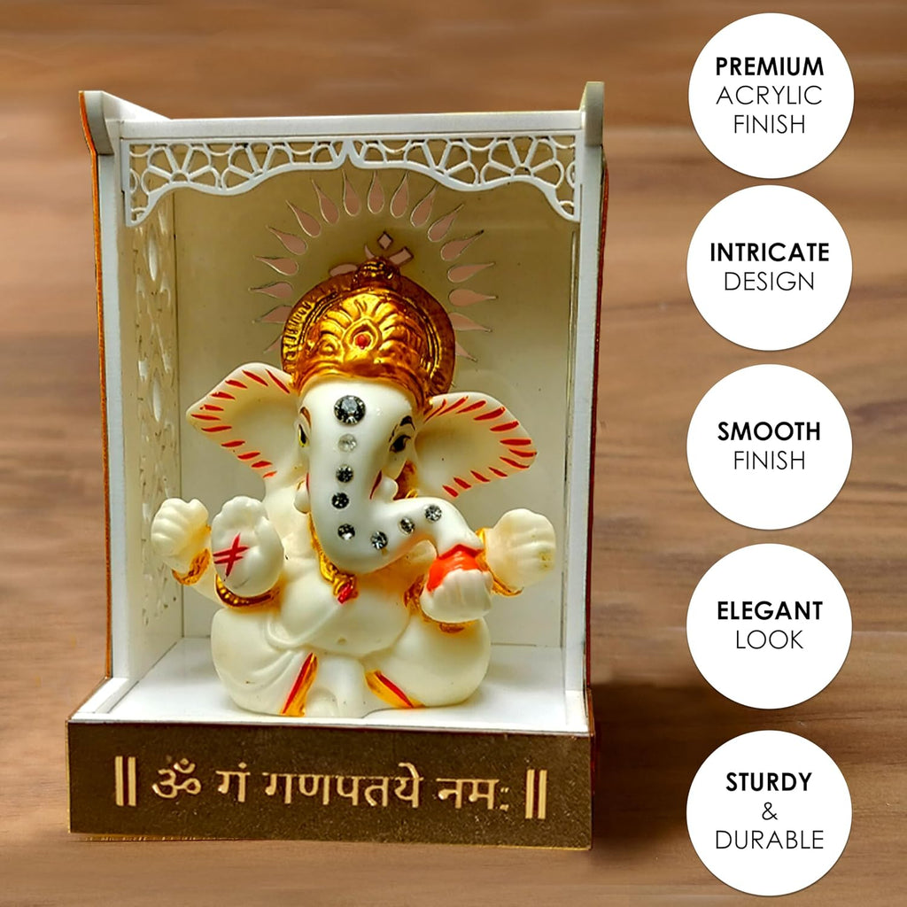 SOLOBOLO Acrylic Ganesh Idol for Car Dashboard with Small Temple for Car Dashboard,Ganesh Idol for Office Desk,Ganesha Idol for Gift,Gift for Housewarming Ceremony Mandir (Mandir with Idol),5.6x7.6 Cm