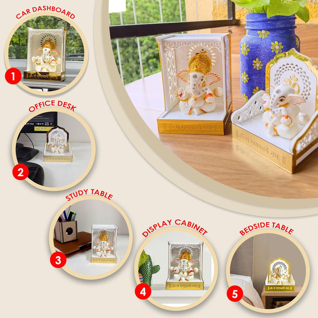 SOLOBOLO Acrylic Ganesh Idol for Car Dashboard with Small Temple for Car Dashboard,Ganesh Idol for Office Desk,Ganesha Idol for Gift,Gift for Housewarming Ceremony Mandir (Mandir with Idol),5.6x7.6 Cm